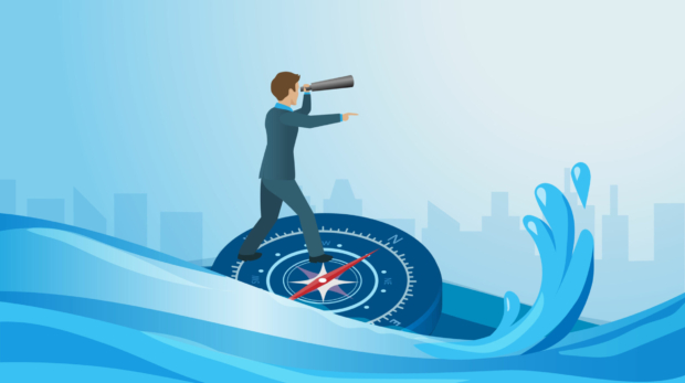 Businessman hold binocular sailing on navigation compass find way for business survive on storming ocean. Business vision and management problem solving from global economic crisis.