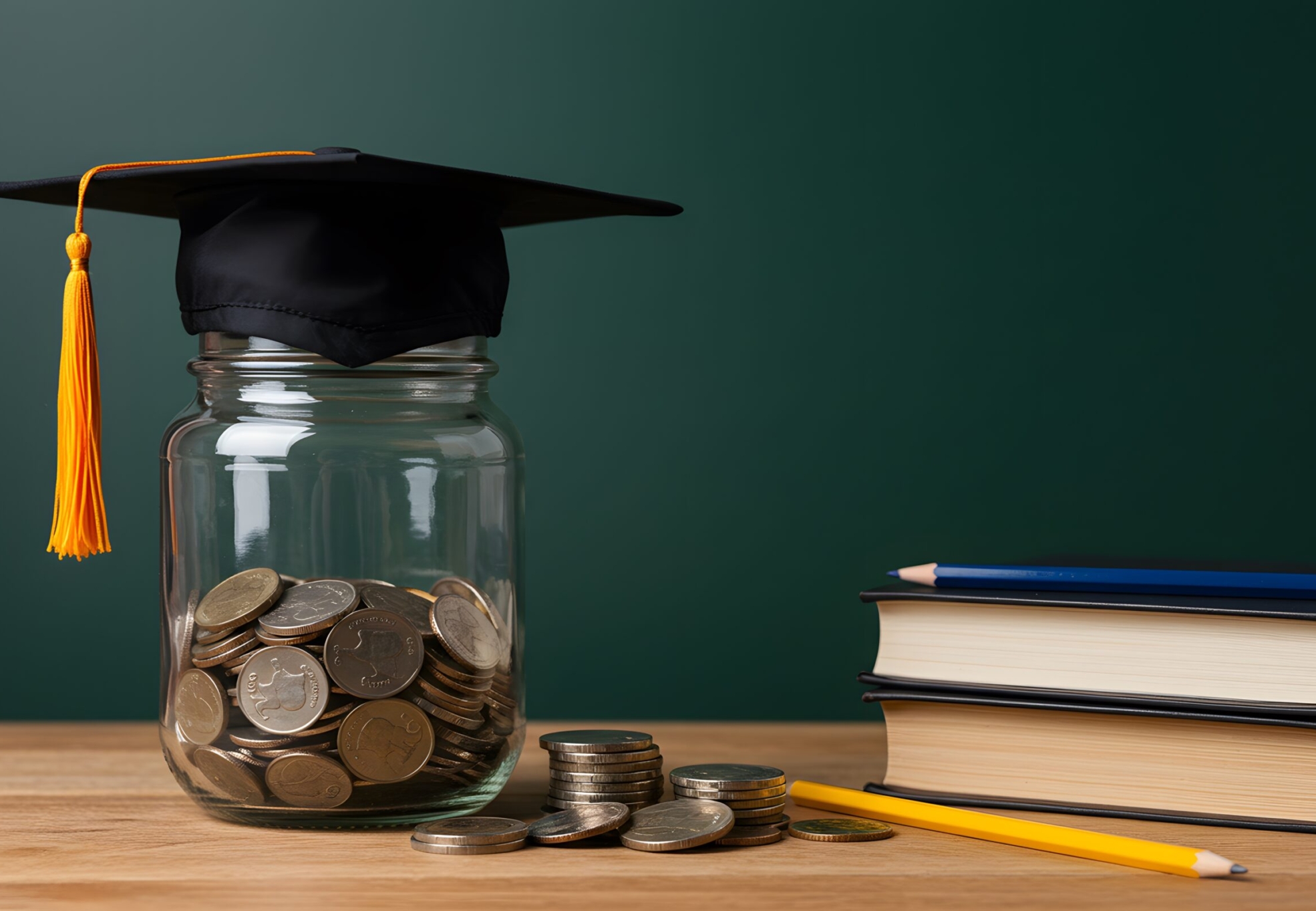 Student success scholarships aimed at alleviating education costs. A glass jar full of coins and a graduation cap symbolize both investment in education and saving for college.