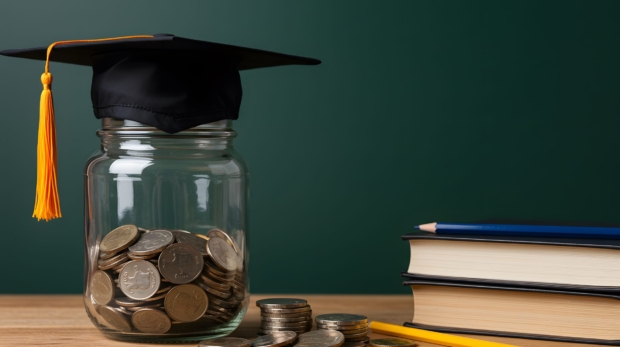 Student success scholarships aimed at alleviating education costs. A glass jar full of coins and a graduation cap symbolize both investment in education and saving for college.