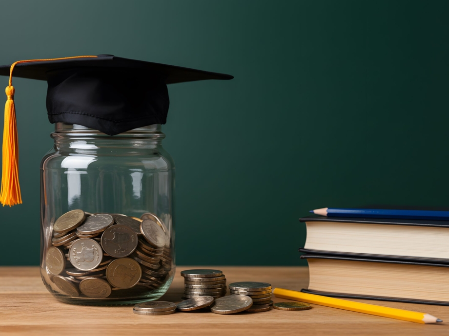 Student success scholarships aimed at alleviating education costs. A glass jar full of coins and a graduation cap symbolize both investment in education and saving for college.