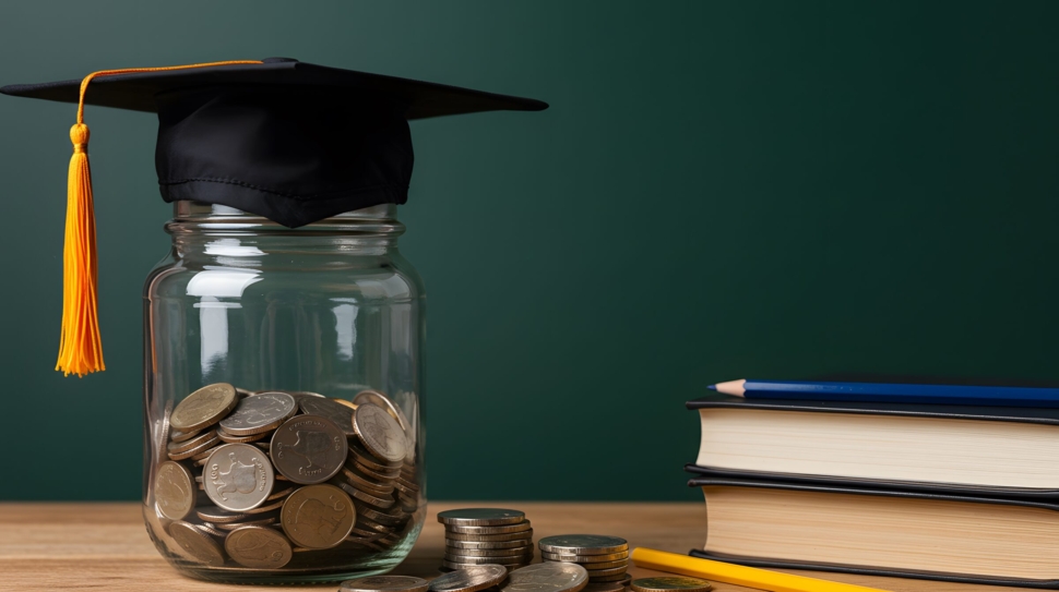 Student success scholarships aimed at alleviating education costs. A glass jar full of coins and a graduation cap symbolize both investment in education and saving for college.