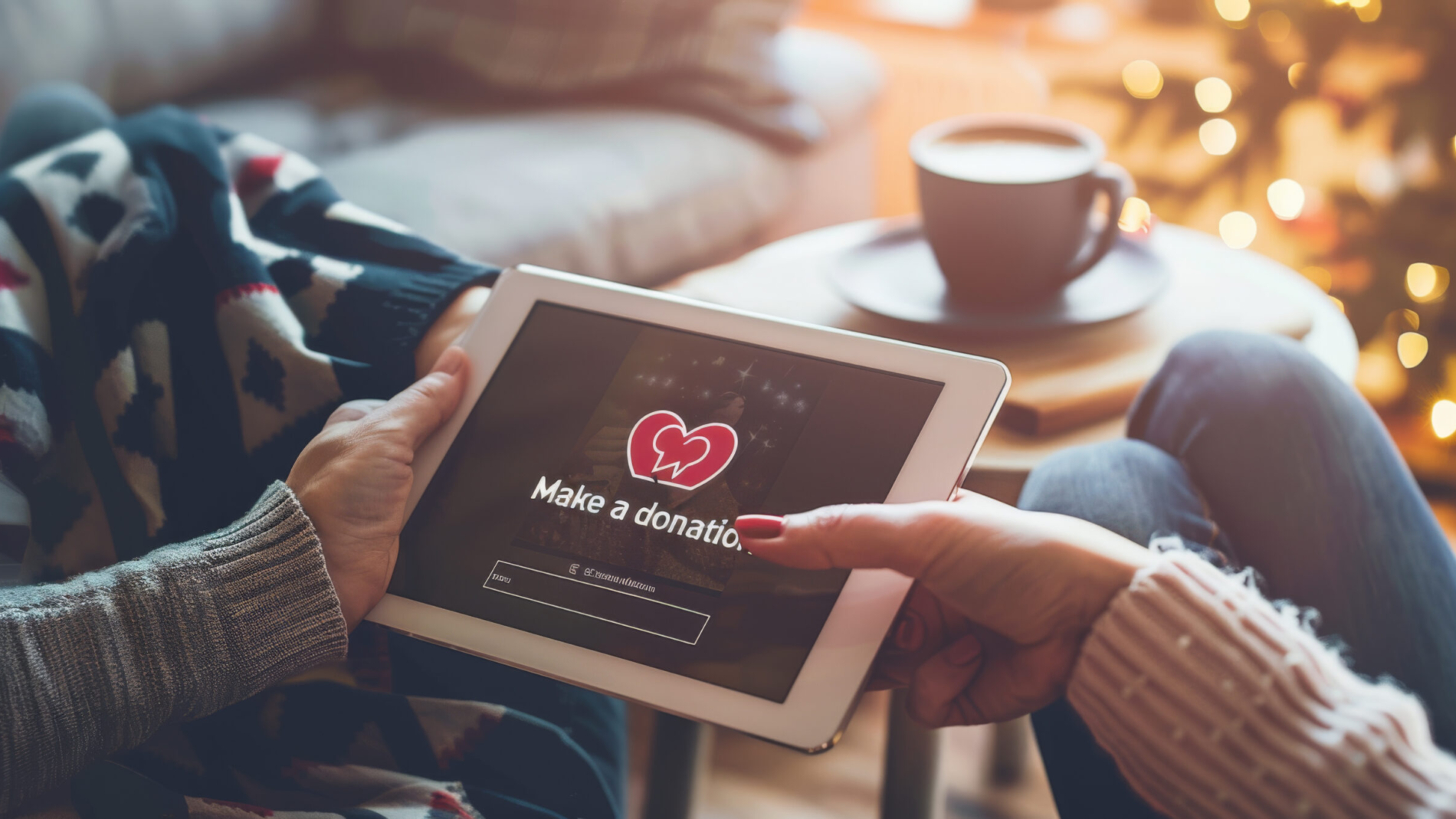 Two hands are holding a tablet displaying a 'Make a donation' screen with a heart symbol, suggesting an online charitable contribution.