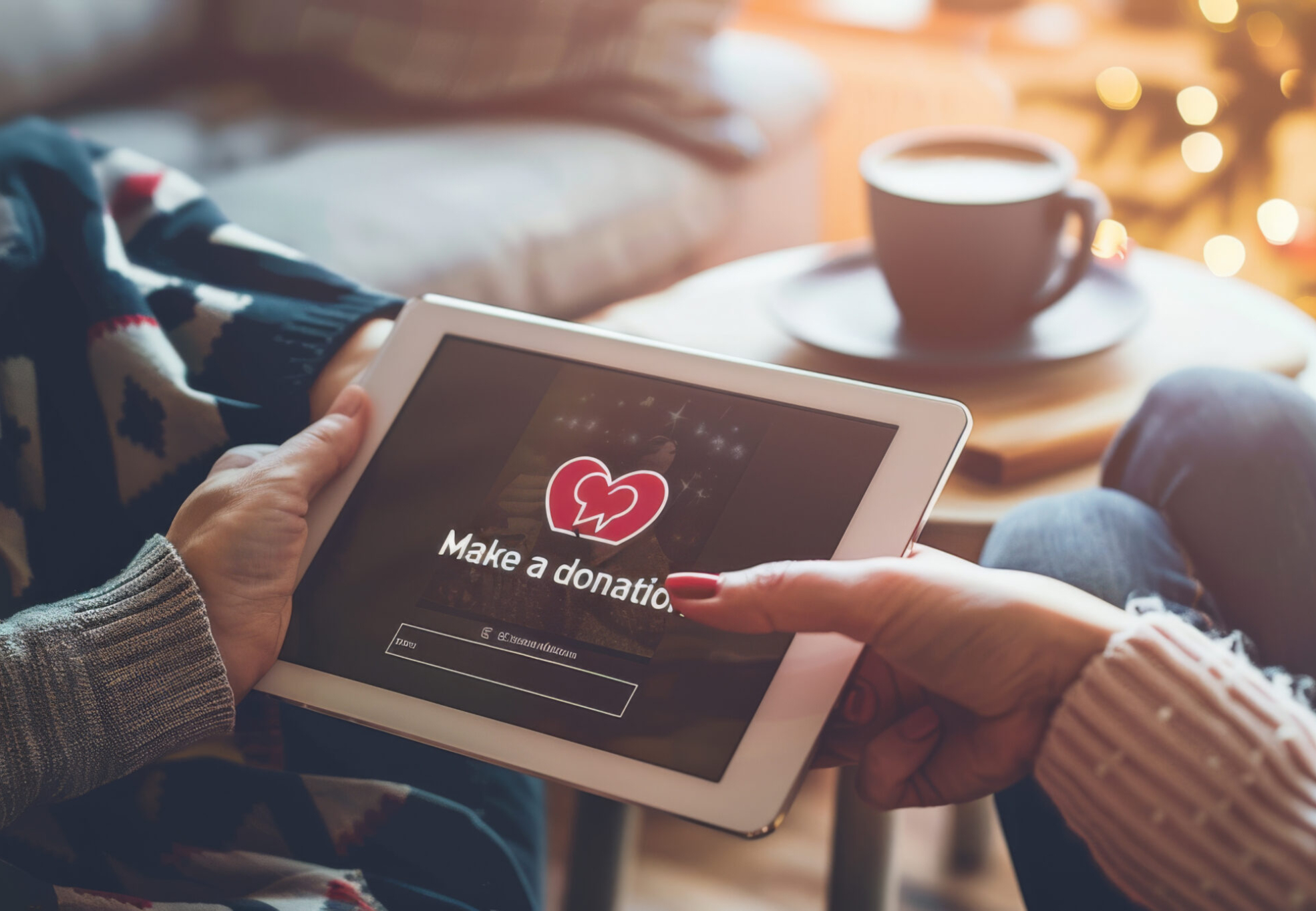 Two hands are holding a tablet displaying a 'Make a donation' screen with a heart symbol, suggesting an online charitable contribution.
