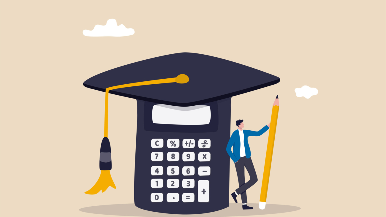 Student loan calculation, education budget allocation, university expense and debt pay off or scholarship payment concept, graduated student standing with mortar board hat calculator.
