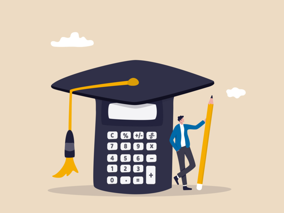 Student loan calculation, education budget allocation, university expense and debt pay off or scholarship payment concept, graduated student standing with mortar board hat calculator.